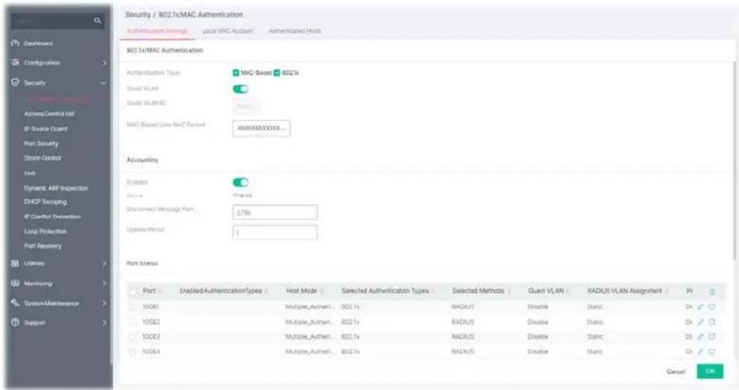 Security / 802.1x/MAC Authentication Authentication Settings Local MAC Account Authenticated Holds B02.1x/MAC Authentication Authentication Type MAC Base 802s Guest VLAN Guest VLAN ID MAC Base/Com MAC Form XXXXXXXX0000 Accounting Enabled Status Help Disconnect Message Port £799 Update Period 1 Port Status Port EnabledAuthenticationTypes Host Mode Selected Authentication Types Selected Methods Quest VLAN RADIUS VLAN Assignment Pt 10061 Multiple_Authen... 802.1x RADIUS Distate Static Dx✓○ 10502 Multiple_Authen... 802.1x RADIUS Distate Static Dx✓○ 10063 Multiple_Authen... 802.1x RADIUS Distate Static Dx✓○ 10064 Multiple_Authen... 802.1x RADIUS Distate Static Dx✓○ Cancel OK
