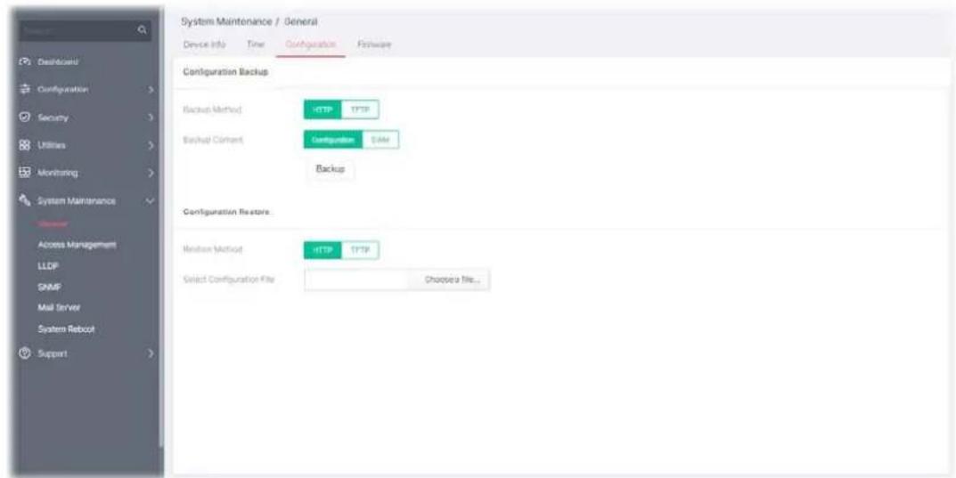 System Maintenance / General Device Info Time Configuration Hardware Configuration Backup Backup Method HTTP TTPR Backup Content Configurier SMM Backup Configuration Features Backup Method HTTP TTPR Select Configuration File Choose a file...