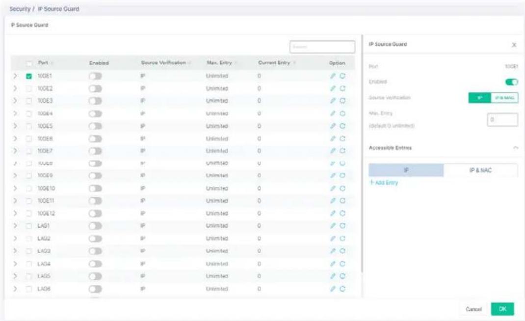 Security / IP Source Guard IP Source Guard Port Enabled Source Verification Max. Entry Current Entry Option 10GE1 IP Unlimited 0 ✓ 10GE2 IP Unlimited 0 ✓ 10GE3 IP Unlimited 0 ✓ 10GE4 IP Unlimited 0 ✓ 10GE5 IP Unlimited 0 ✓ 10GE6 IP Unlimited 0 ✓ 10GE7 IP Unlimited 0 ✓ 10GE8 IP Unlimited 0 ✓ 10GE9 IP Unlimited 0 ✓ 10GE10 IP Unlimited 0 ✓ 10GE11 IP Unlimited 0 ✓ 10GE12 IP Unlimited 0 ✓ LAG1 IP Unlimited 0 ✓ LAG2 IP Unlimited 0 ✓ LAG3 IP Unlimited 0 ✓ LAG4 IP Unlimited 0 ✓ LAG5 IP Unlimited 0 ✓ LAG6 IP Unlimited 0 ✓ IP Source Guard Port IP & NAC Enabled Source verification Max. Entry (default: 0 unlimited) Accessible Entries Add Entry Cancel OK