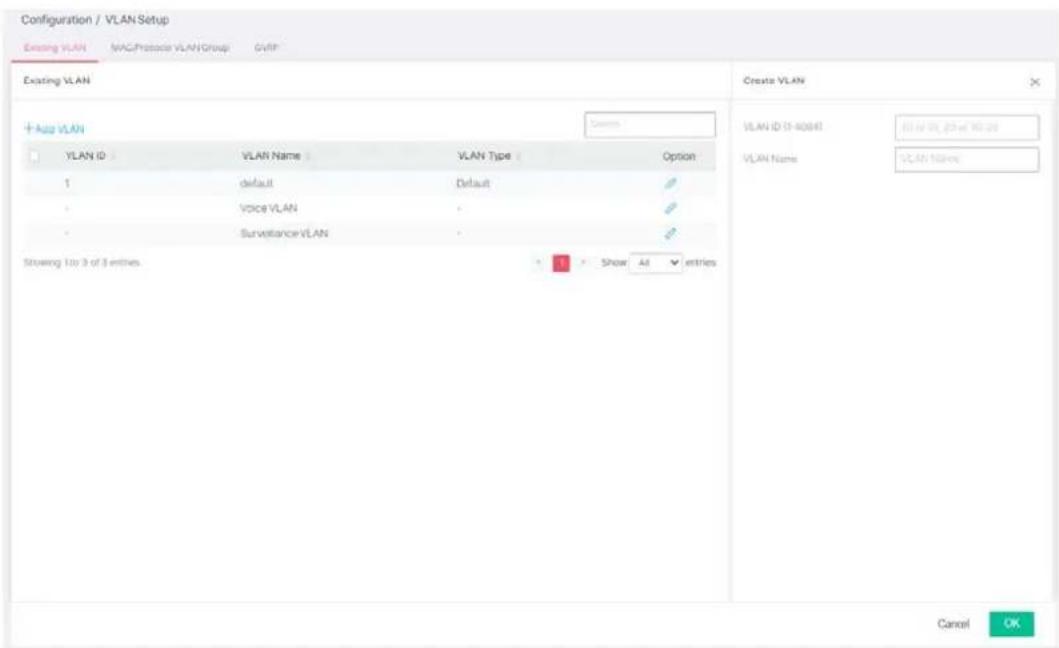 Configuration / VLAN Setup Existing VLAN MAC/Protocol VLAN Group CVFR Existing VLAN + Active VLAN YLAN ID VLAN Name VLAN Type Option 1 Employment Default Voice VLAN Surveillance VLAN Staying 1 to 3 of 3 entries. Create VLAN VLAN ID (0-4084) VLAN Name: VLGA 102m Show Add entries Cancel OK