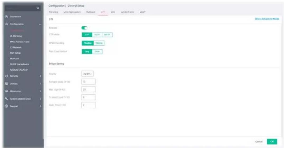Configuration / General Setup Mining Link Aggregation Multioid LTP GqS Junction Frame LLDP STP Show Advanced Mode Enabled STP Mode SPD M270 M470 BPSU Handling Flushing Testing Pass Court Endpoint Long Short Bridge Setting Priority 30799 Forward Delay (R-10) 15 Min. Age (R-40) 20 TV Field Cloud (V-10) 8 Radio Time (I-60) 2 Cancel OK
