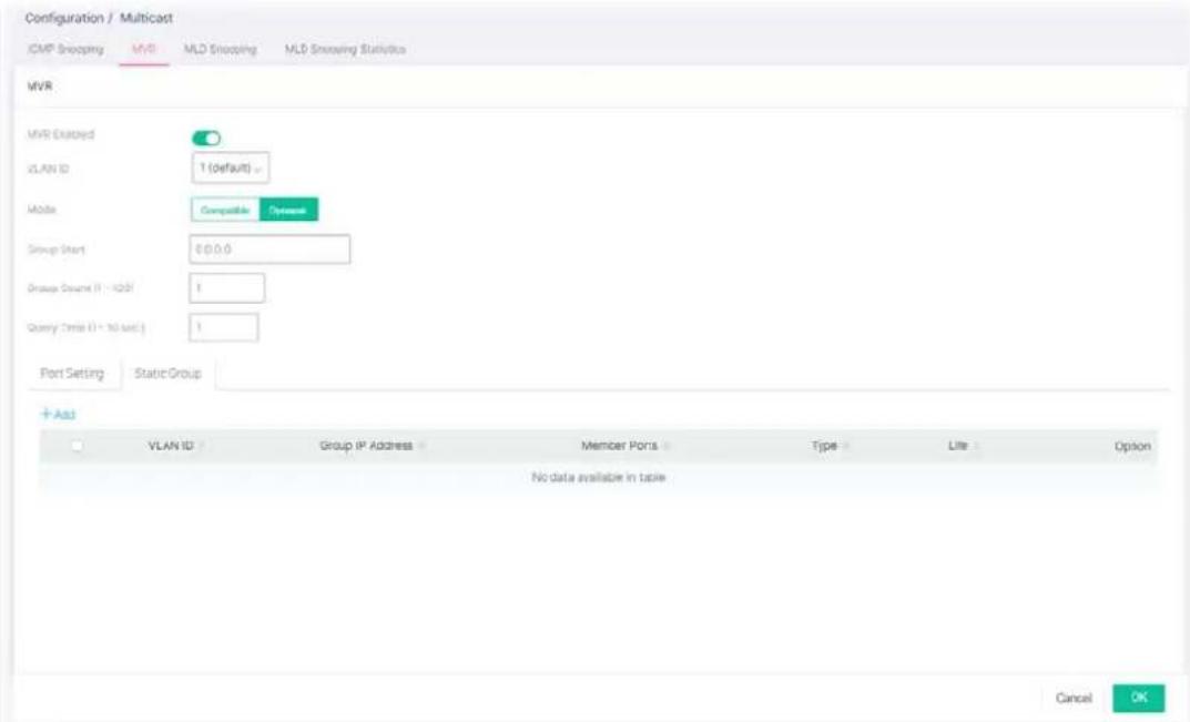 Configuration / Multicast ICMP Snooging MVR MLD Snooging MLD Snooging Statistics MVR MVR Enabled VLAN ID 1 (default) Mobile Compatible Tools Group Start €0.0.0 Database Count (1 - 1257) 1 Query Time (1 - 10 sec) 1 Port Setting Static Group + Add VLAN ID Group IP Address Member Ports Type Lite Option No data available in table Cancel OK