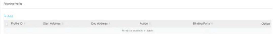 Filtering Profile + Add Profile ID Start Address End Address Action Binding Ports Option No data available in folder