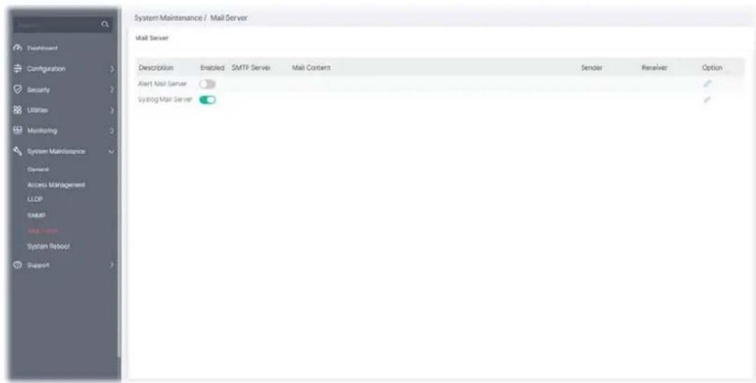 System Maintenance / Mail Server Mail Server Description Enabled SMTP Server Mail Content Sender Receiver Option Alert Mail Server Sialog Mail Server