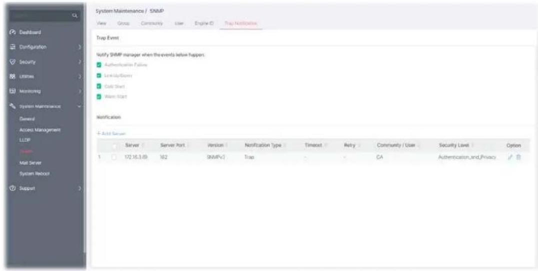 System Maintenance / SNMP View Group Community Clear Engine ID Trap Notification Trap Event Notify SNMP manager when the events below happen: ■ Authentication Failure ■ Linkify/Berry ■ Data Short ■ Warm User Notification Add Server Server Server Port Version Notification Type Timeout Retry Community / User Security Level Option 1 172.16.3.69 162 SNMPv) Trap CA Authentication_and_Privacy Support