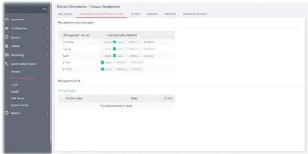 System Maintenance / Access Management LAN Access Management Authentication & Profile TI-OSA Open/VPN Westock Account & Passwords Management Authentication Management Server Authentication Method Console None Local RADIOUS TACACS+ Target None Local RADIOUS TACACS+ SSH None Local RADIOUS TACACS+ HTTP Excel RADIOUS TACACS+ HTTPS Local RADIOUS TACACS+ Management List + Add Profile Profile Name Rules Option No data available in table