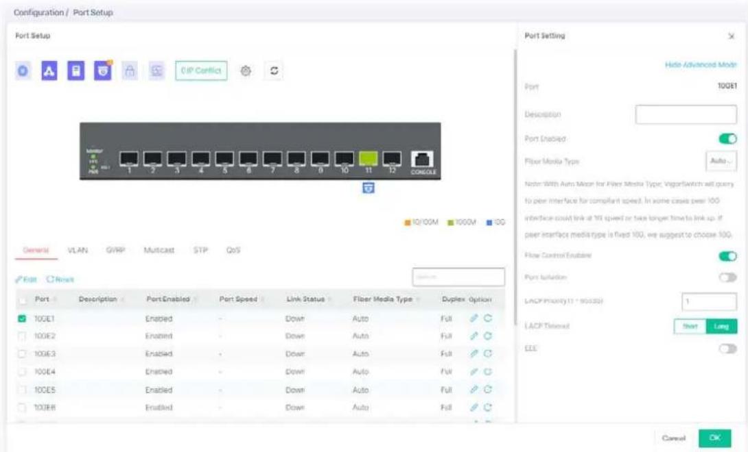 Configuration / Port Setup Port Setup GIP Conficit 100E1 Port Description Port Enabled Link Status Fiber Media Type Duplex Option 100E1 Enabled Down Auto Full 100E2 Enabled Down Auto Full 100E3 Enabled Down Auto Full 100E4 Enabled Down Auto Full 100E5 Enabled Down Auto Full 100E6 Enabled Down Auto Full Port Setting Hello Advanced Mode Port 100E1 Description Port Enabled Filter Media Type Auto... Note: With Auto Moon for Filter Media Type, VagonSwitch will query to peer Interface for compliant speed. In some cases peer 100 interface could link at 100 speed or twice longer time to link up. If peer interface media type is fixed 100, we suggest to choose 100. Flow Control Enabled Port Selection LACP Priority (11 - 85035) 1 LACP Default Short Long EEE Cancel OK