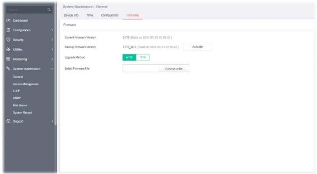 System Maintenance / General Device Info Time Configuration Firmware Firmware Current Firmware Version 3.7.0 (Build on 2021-09-29 16:30:42 ) Backup Firmware Version 3.7.0_RC1 (Build on 2021-05-29 16:30:42) Activate Upgrade Method HTTP HTTP Select Firmware File Choose a file...