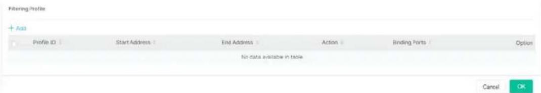 Filtering Profile + Add Profile ID Start Address End Address Action Binding Ports Option No data available in table Cancel OK