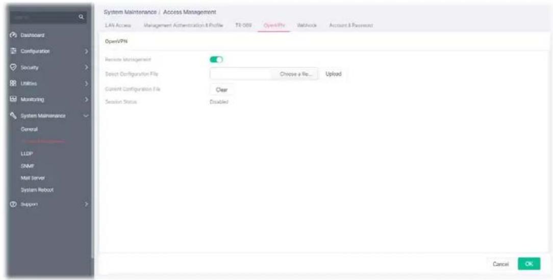 System Maintenance | Access Management LAN Access Management Authentication & Profile T8-009 OpenVPN Watchock Account & Payment OpenVPN Remote Management Select Configuration File Choose a Re... Umpload Current Configuration File Clear Session Status Disabled Cancel OK