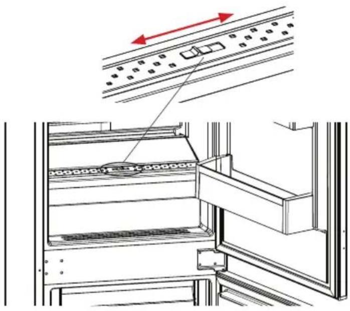 Technical diagram showing a rack with labeled components and directional arrows indicating movement or flow.