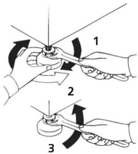 Diagram illustrating three-step mechanical assembly steps with labeled components and directional arrows