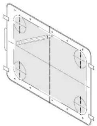 Technical line drawing of a rectangular frame with four circular holes and mounting brackets (no text or symbols)