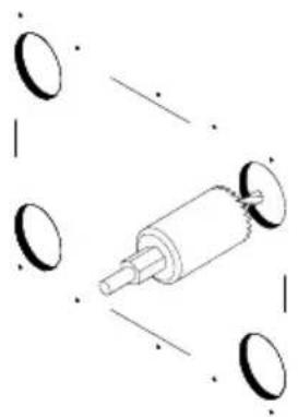 Pure mechanical diagram of a cylindrical component with mounting holes, no text or symbols present