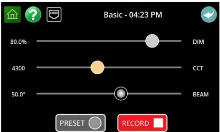 Basic - 04:23 PM 80.0% DIM 4300 CCT 50.0° BEAM PRESET RECORD