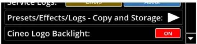 Service Logs: Errors About Presets/Effects/Logs - Copy and Storage: Cineo Logo Backlight: ON