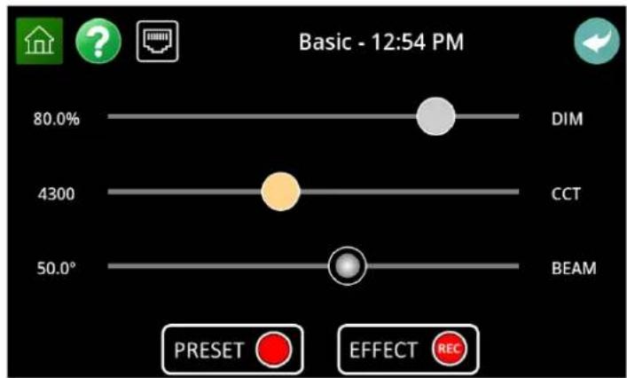 Basic - 12:54 PM 80.0% DIM 4300 CCT 50.0° BEAM PRESET EFFECT REC