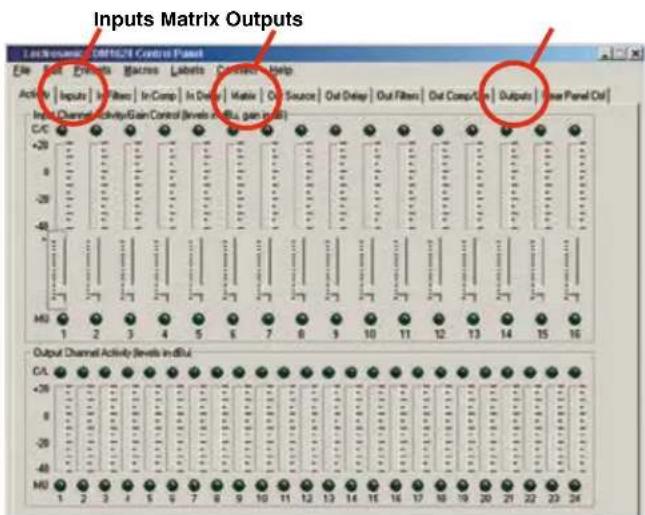 Inputs Matrix Outputs LabVIEW COM/CMOS/NC Control Panel File Edit Outputs Macros Labels Controls Help Active Inputs In Filter In Comp In Delay Matrix Out Source Out Delay Out Filters Out Comp/Cut Outputs New Panel Out Input Channel Activity Gain Control (levels in dBu gain p.u.) C/C +20 - 8 -20 - 40 - M0 1 2 3 4 5 6 7 8 9 10 11 12 13 14 15 16 Output Channel Activity (levels in dBu) C/A +20 - 6 -20 - 40 M0 1 2 3 4 5 6 7 8 9 10 11 12 13 14 15 16 17 18 19 20 21 22 23 24