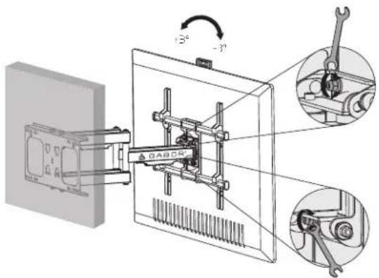 Technical diagram showing a mechanical assembly with labeled angles (15° and -3°) and component details including a BACOM device.