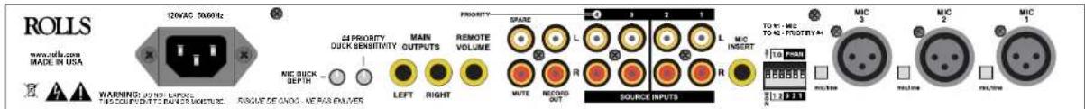 ROLLS www.rolls.com MADE IN USA WARNING: JUNI, EMPOS THIS OUTPUT TO BEANS WORKING. RASQUE DE SING - NE PAIN ENGLISH 120VAC 40MHz 24 PROPERTY DUCK BENSITIVITY MAIN OUTPUTS REMOTE VOLUME GRADE L R WUTE RECORD OUT SOURCE INPUTS MIC INSERT TO 91 - MIC TO 42 - PROBTY 44 MIC 3 MIC 2 MIC 1 1:1.2:1.2:1.2 1:1.2:1.2:1.2