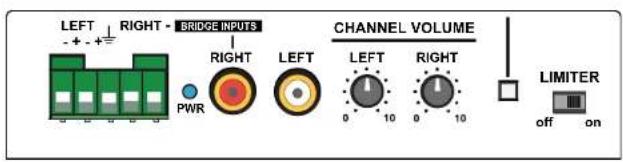 LEFT RIGHT - BRIDGE INPUTS PWR CHANNEL VOLUME LEFT RIGHT 0 10 0 10 LIMITER off on