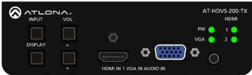 ATLONA® INPUT VOL DISPLAY A v HDMI IN 1 VGA IN AUDIO IN AT-HDVS-200-TX HDMI PW 1 VGA 2