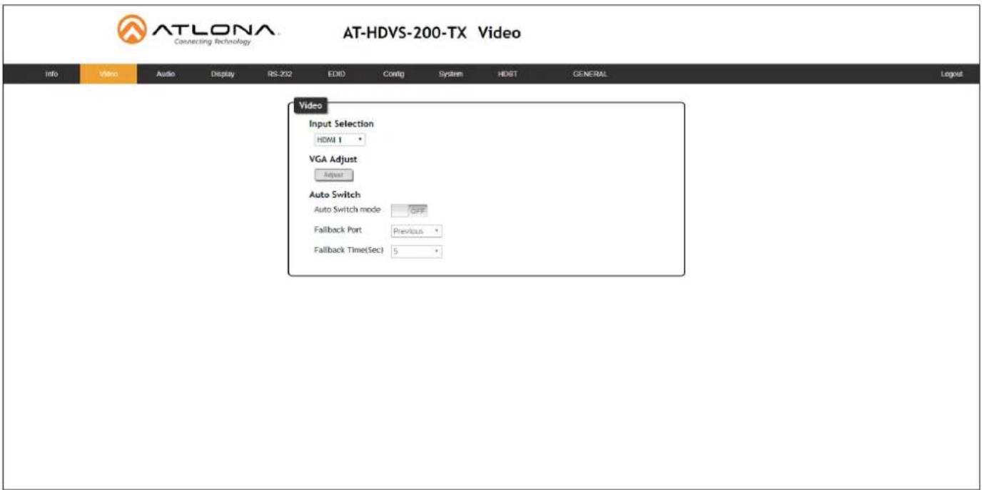 AT-LONA Connecting Technology AT-HDVS-200-TX Video Info Video Audio Display RS-232 EDID Config System HD&T GENERAL Logout Video Input Selection HDMI 1 VGA Adjust Adjust Auto Switch Auto Switch mode OFF Fallback Port Previous Fallback Time(Sec) 5