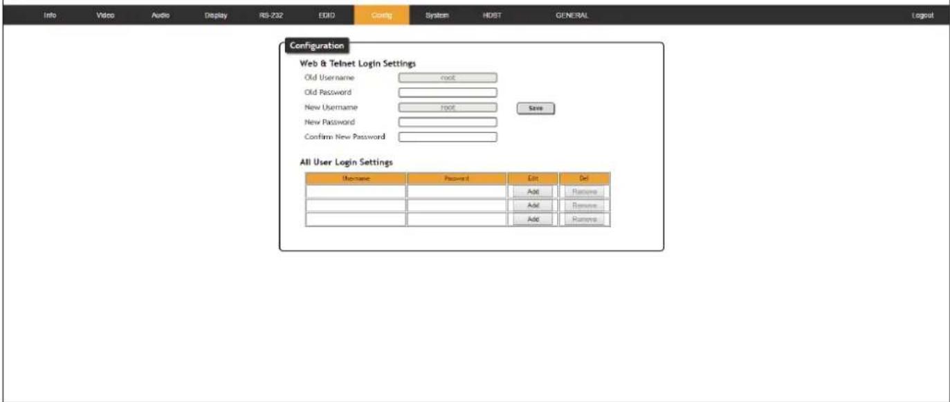 Info Video Audio Display RS-202 EDDI Config System HDBT GENERAL Logout Configuration Web & Telnet Login Settings Old Username root Old Password New Username root Save New Password Confirm New Password All User Login Settings Username Password Edit Del Add Remove Add Remove Add Remove