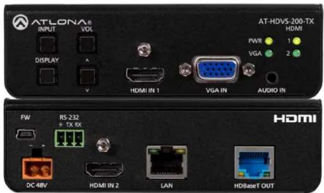 ATLONA® INPUT VOL DISPLAY V HDMI IN 1 VGA IN AUDIO IN AT-HDVS-200-TX HDMI PWR 1 VGA 2 FW RS-232 + TX RX DC 48V HDMI IN 2 LAN HDBaseT OUT
