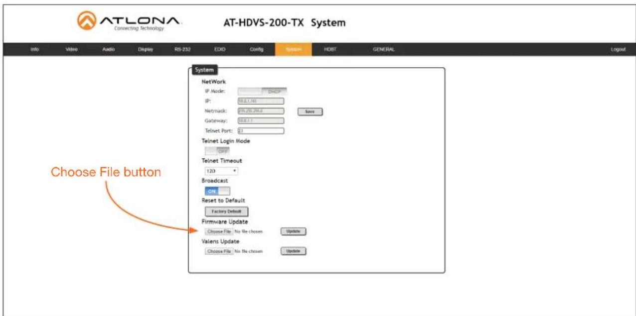 AT-LONA Connecting Technology AT-HDVS-200-TX System Info Video Audio Display RS 232 EDD Config System HOST GENERAL Logout System Network IP Mode: DHCP IP: 10.0.1.161 Netmask: 105.255.298.0 Save Gateway: 10.0.1.1 Telnet Port: 2.1 Telnet Login Mode OFF Telnet Timeout 120 ° Broadcast ON Reset to Default Factory Default Firmware Update Choose File No file chosen Update Valens Update Choose File No file chosen Update Choose File button