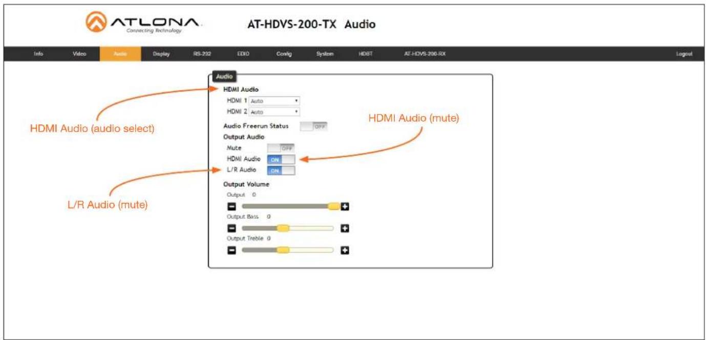 AT-LONA Connecting Technology AT-HDVS-200-TX Audio Info Video Audio Display RS-202 EDDI Config System HDBT AT-HDVS-200-RX Logout Audio HDMI Audio HDMI 1 Auto HDMI 2 Auto Audio Freerun Status OFF Output Audio Mute OFF HDMI Audio ON L/R Audio ON Output Volume Output 0 Output Bass 0 Output Treble 0