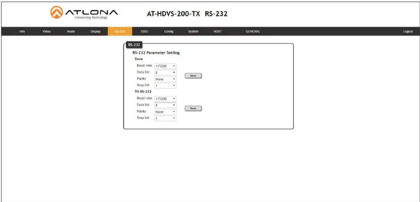 AT-LONA Connecting Technology RS-232 Info Video Audio Display RS-232 EDDI Config System HDBT GENERAL Logout RS-232 RS-232 Parameter Setting Zone Baud rate 115200 Data bit 8 Purity None Stop bit 1 TX RS-232 Baud rate 115200 Data bit 8 Purity None Stop bit 1 Save Save