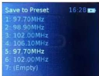 Save to Preset 16:28 1: 97.70MHz 2: 98.90MHz 3: 102.00MHz 4: 106.10MHz 5: 97.70MHz 6: 102.00MHz 7: (Empty)