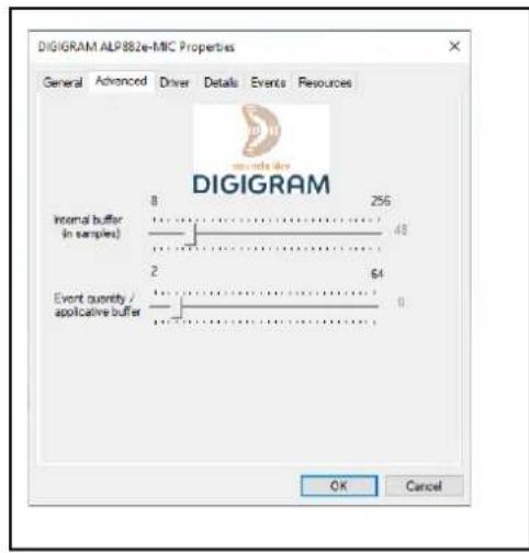 DIGIGRAM ALP882e-MIC Properties General Advanced Driver Details Events Resources Internal buffer (in samples) 8 256 48 2 64 Event quantity / applicative buffer OK Cancel