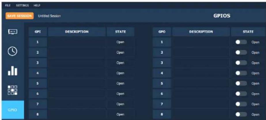 FILE SETTINGS HELP SAVE SESSION Untitled Session GPIOS GPI DESCRIPTION STATE GPO DESCRIPTION STATE 1 Open 1 Open 2 Open 2 Open 3 Open 3 Open 4 Open 4 Open 5 Open 5 Open 6 Open 6 Open 7 Open 7 Open 8 Open 8 Open GPIO