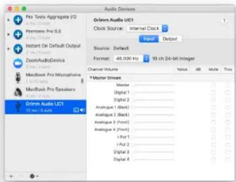 Pro Tools Aggregate I/O Premiere Pro 6.6 Instant On Default Output ZoomAudioDevice MacBook Pro Microphone MacBook Pro Speakers Grimm Audio UC1 10 Hz / 8 MHz Grimm Audio UC1 Clock Source: Internal Clock Input Output Source: Default Format: 48,000 Hz 10 ch 24-bit Integer Channel Volume Value SB Made Thru Master Digital 1 Digital 2 Analogue 1 (Back) Analogue 2 (Back) Analogue 3 (Front) Analogue 4 (Front) I-Put 1 I-Put 2 Digital 3 Digital 4