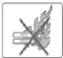 Warning symbol with crossed-out flames and 'EXIT' signs, indicating no fire outside the flame.