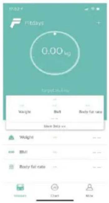 17:32 Fitdays 0.00 kg target values Weight BMI Body fat rate Save Data w+ Weight BMI Body fat rate Measure Chat Mix
