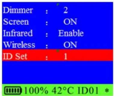 Dimmer : 2 Screen : ON Infrared : Enable Wireless : ON ID Set : 1 100% 42°C ID01 *
