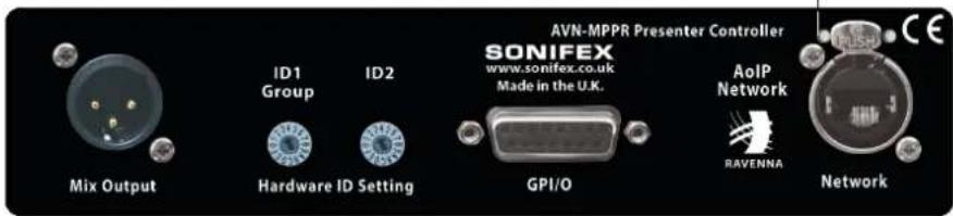 AVN-MPPR Presenter Controller SONIFEX www.sonifex.co.uk Made in the U.K. AolP Network RAVENNA Network Mix Output ID1 Group ID2 Hardware ID Setting GPI/O