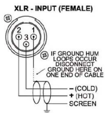 XLR - INPUT (FEMALE) IF GROUND HUM LOOPS OCCUR DISCONNECT GROUND HERE ON ONE END OF CABLE - (COLD) + (HOT) SCREEN