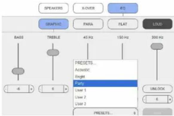 SPEAKERS X-OVER EQ GRAPHIC PARA FLAT LOUD BASS TREBLE 45 Hz 150 Hz 300 Hz PRESETS_ Acoustic Bright Party User 1 User 2 User 3 UNLOCK 6 PRESETS... $