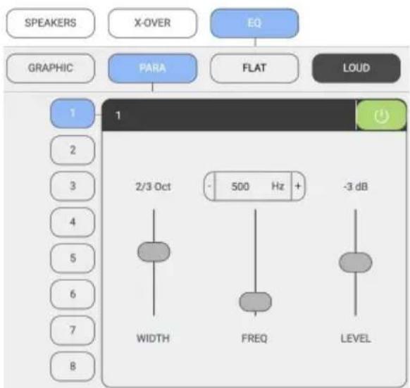 SPEAKERS X-OVER EQ GRAPHIC PARA FLAT LOUD 1 2/3 Oct - 500 Hz + -3 dB WIDTH FREQ LEVEL