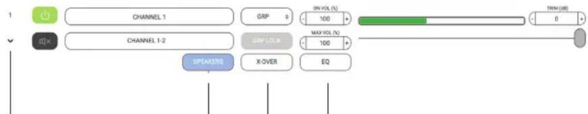 CHANNEL 1 GRP ON VOL (%) 100 MAX VOL (%) 100 SPEAKERS X-OVER EQ THM (dB) 0