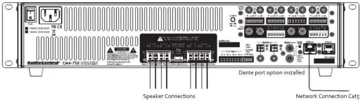 AudioControl® CM4-750 Speaker Connections Dante port option installed Network Connection Cat5