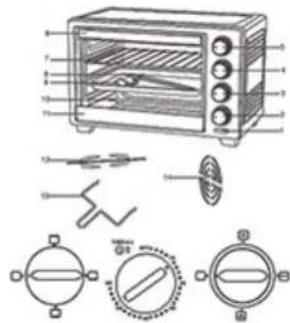 Technical diagram of a toaster oven with labeled components and schematic symbols for electrical switch and control switches.