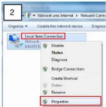 2 Organize Disable this network device Diagnose Local Area Connection Network Intel(P) 8. Disable Status Diagnose Bridge Connections Create Shortcut Delete Rename Properties