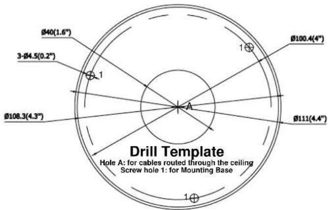 Ø40(1.6") 3-Ø4.5(0.2") Ø108.3(4.3") Ø100.4(4") Ø111(4.4") Drill Template Hole A: for cables routed through the ceiling Screw hole 1: for Mounting Base