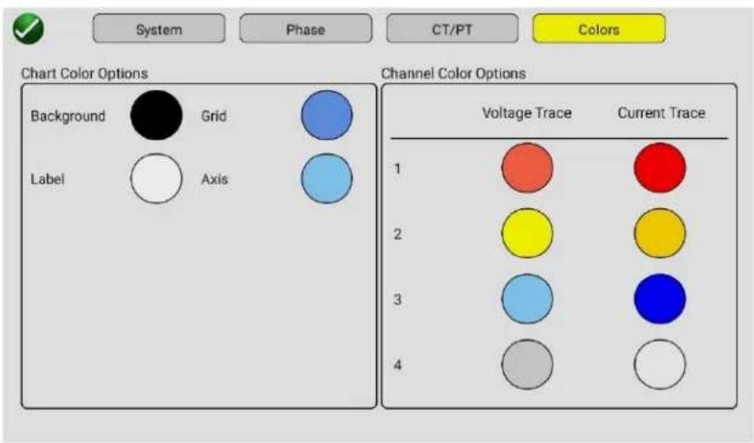 System Phase CT/PT Colors Chart Color Options Background Grid Label Axis Channel Color Options Voltage Trace Current Trace 1 2 3 4