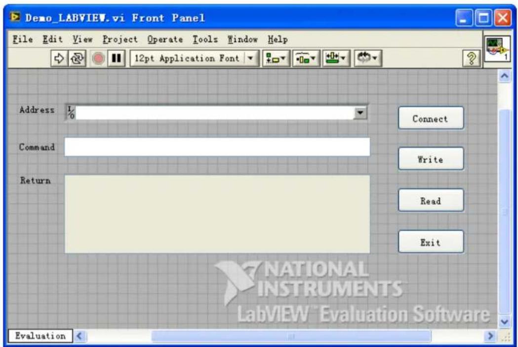 Demo_LABVIEW.vi Front Panel File Edit View Project Operate Tools Window Help 12pt Application Font Address % Command Return Connect Write Read Exit NATIONAL INSTRUMENTS LabVIEW Evaluation Software Evaluation